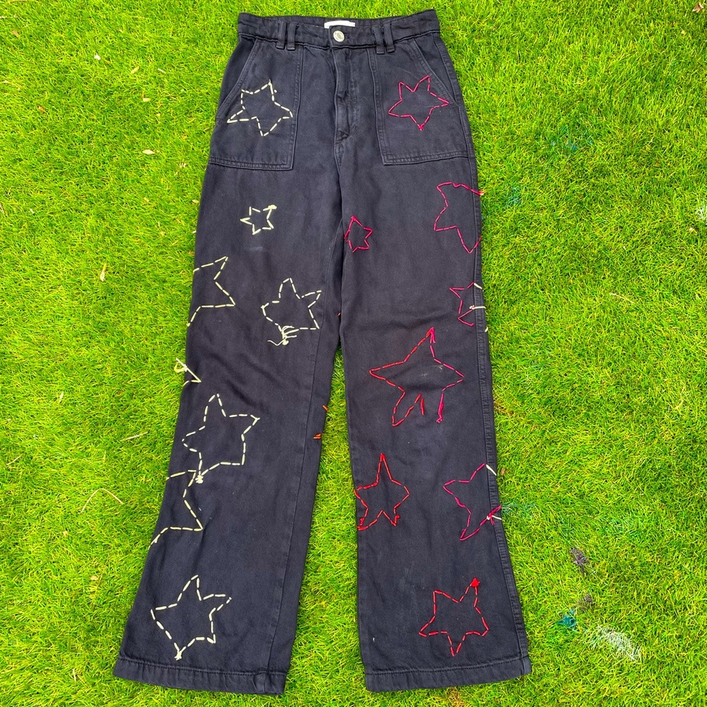 ZARA custom embroidered stars wide leg high rise black jeans